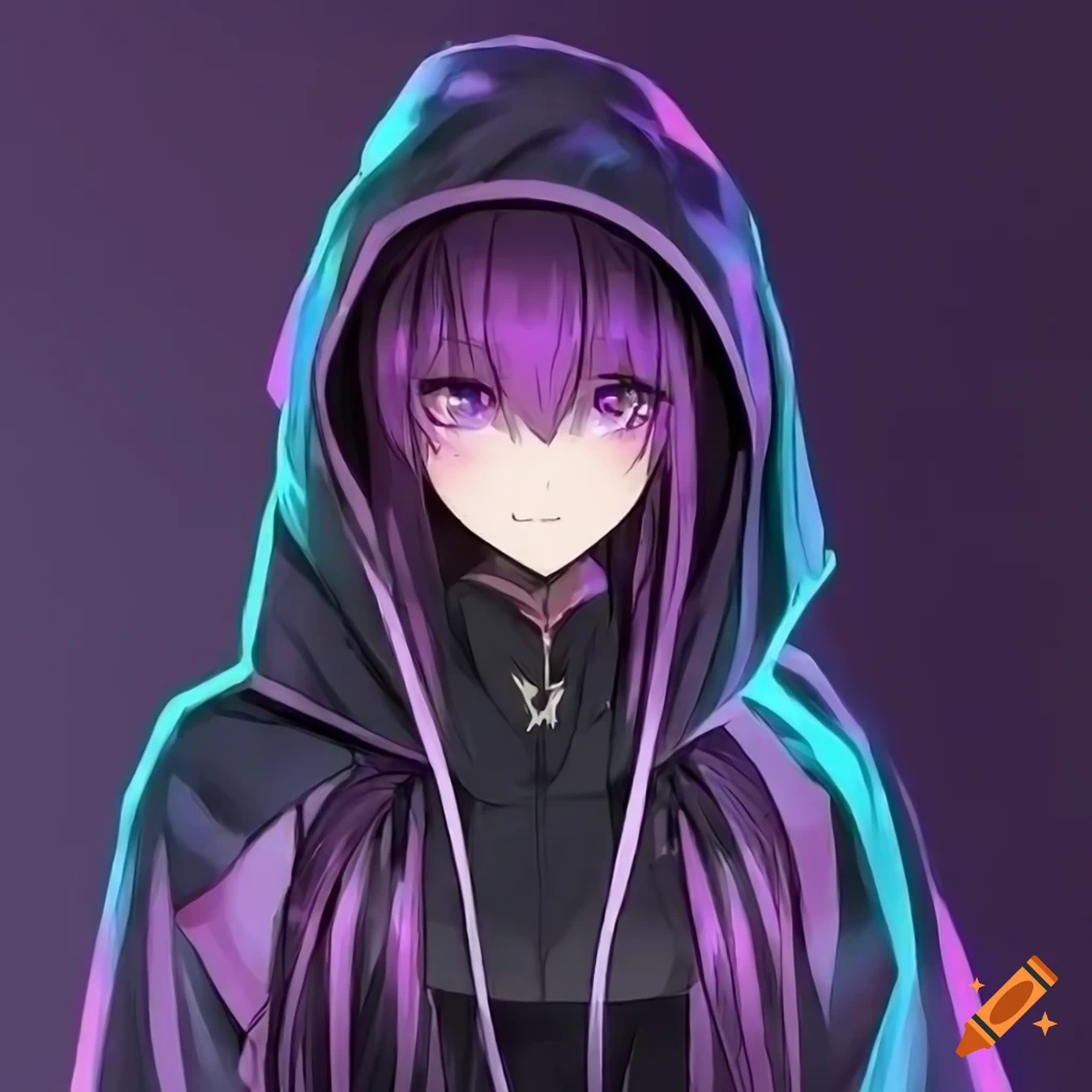 Futuristic anime girl in a black hoodie with long purple hair and eyes