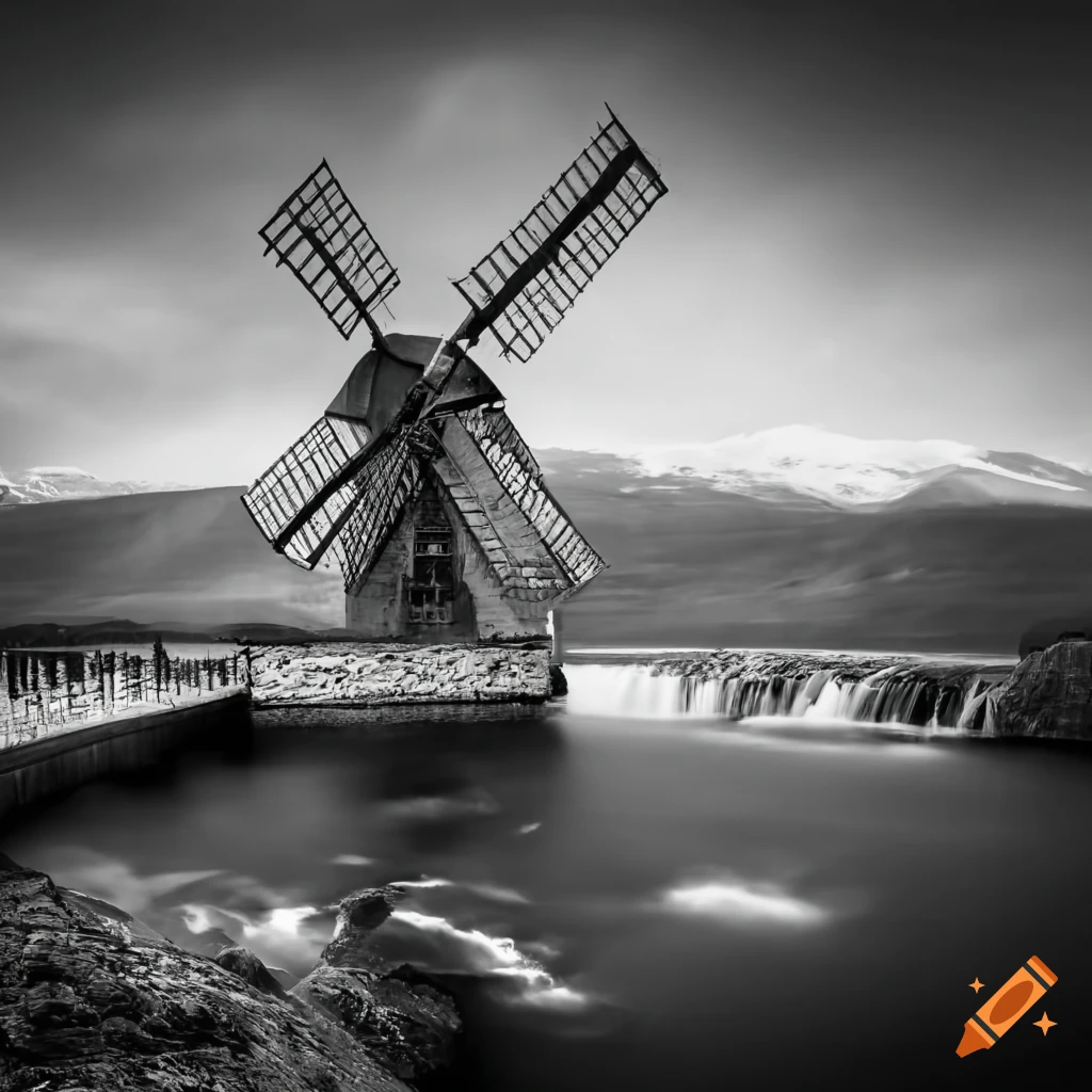 Black and white image of a windmill and water wheel on a mountain peak