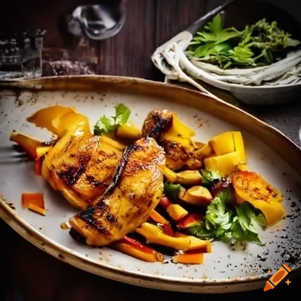 Grilled mangohoneychicken with rice and vegetables on Craiyon