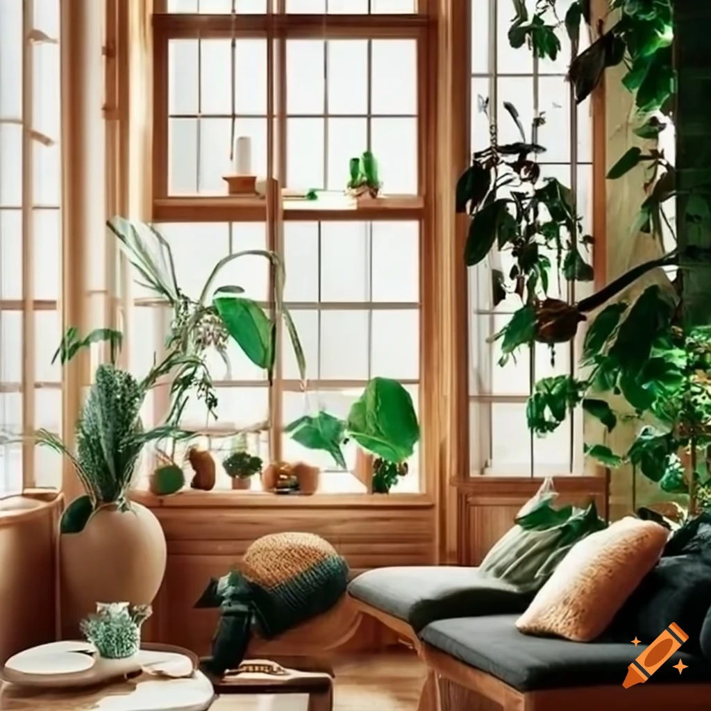 Cozy greenhouse living room with japandi interior design on Craiyon