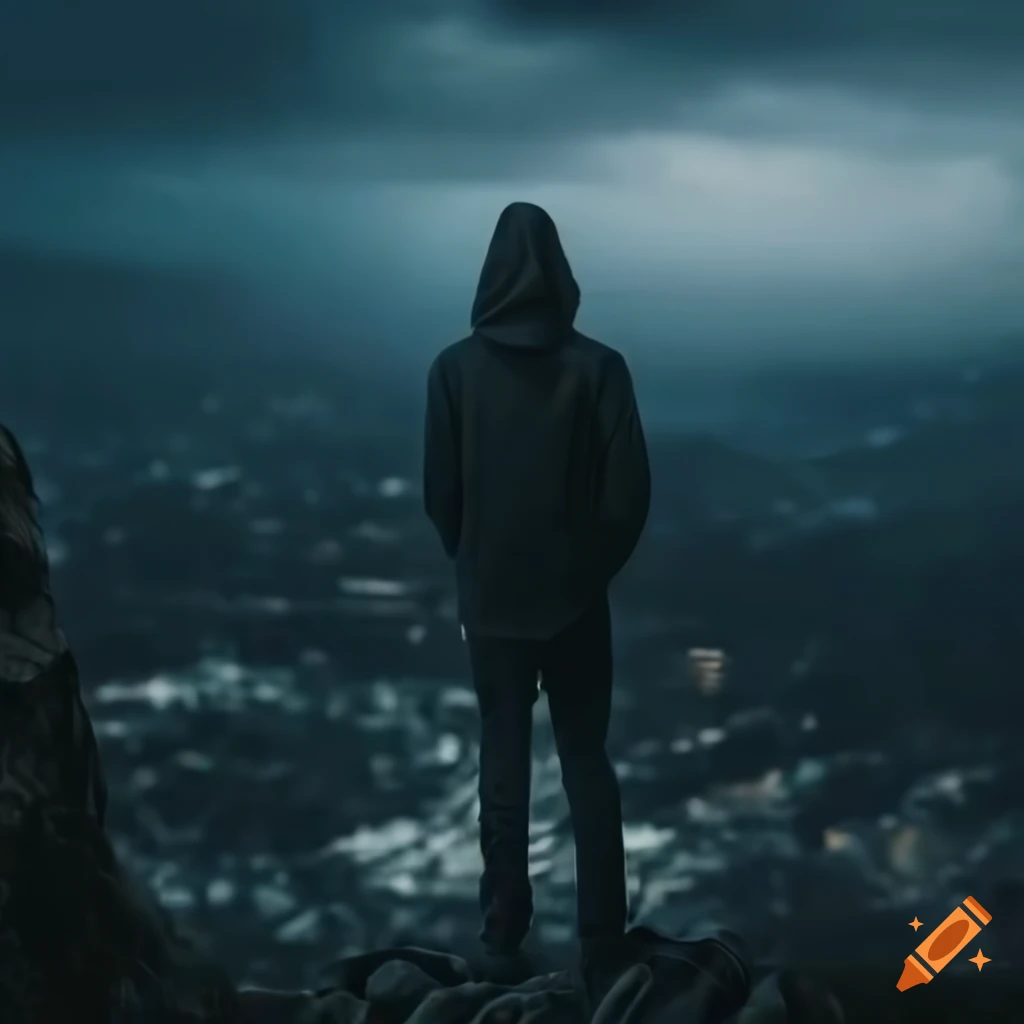 Hooded figure standing on cliff overlooking stormy city on Craiyon