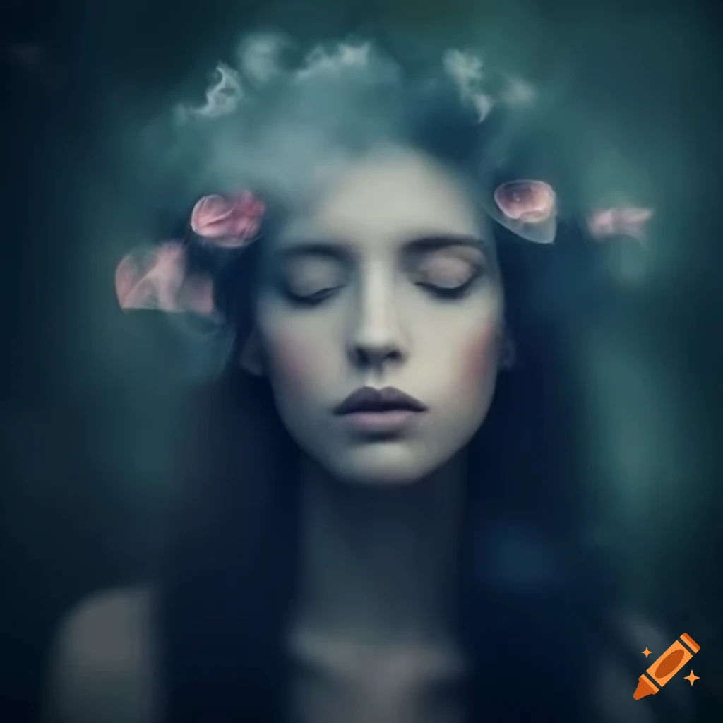 Artistic blurry portrait of a woman with closed eyes and surreal ...