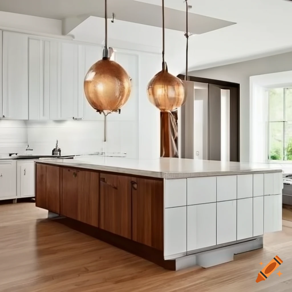 Spacious modern kitchen with quartzite countertops and pendant lighting on Craiyon