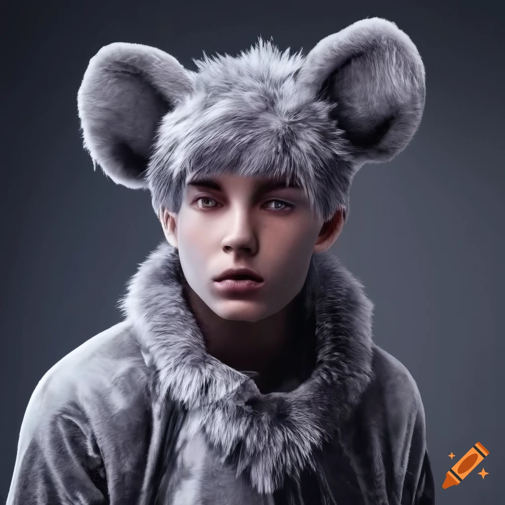 Young male in gray furry crushed velvet costume with triangular ears on