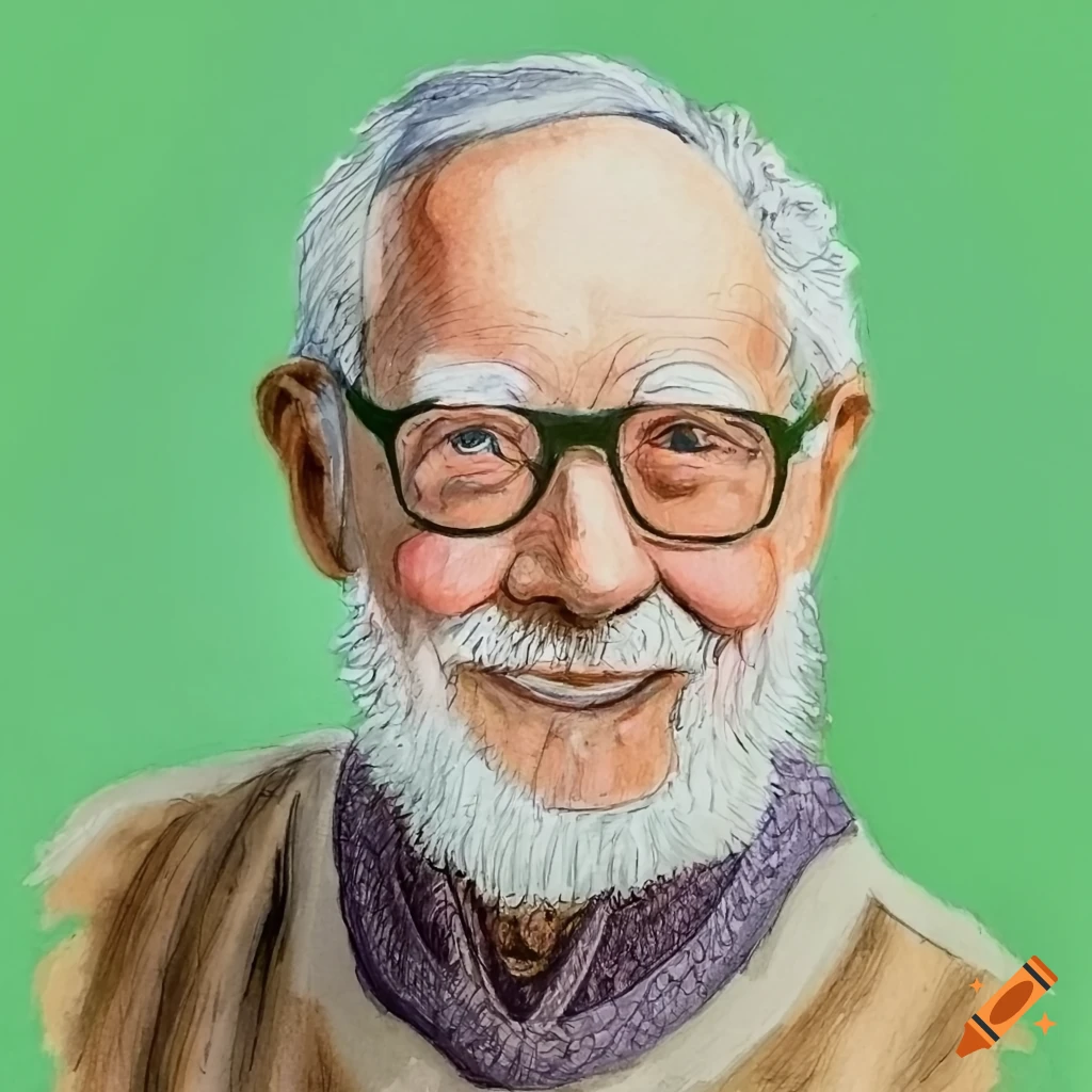 Colored pencil drawing of an elderly man with a white beard and glasses