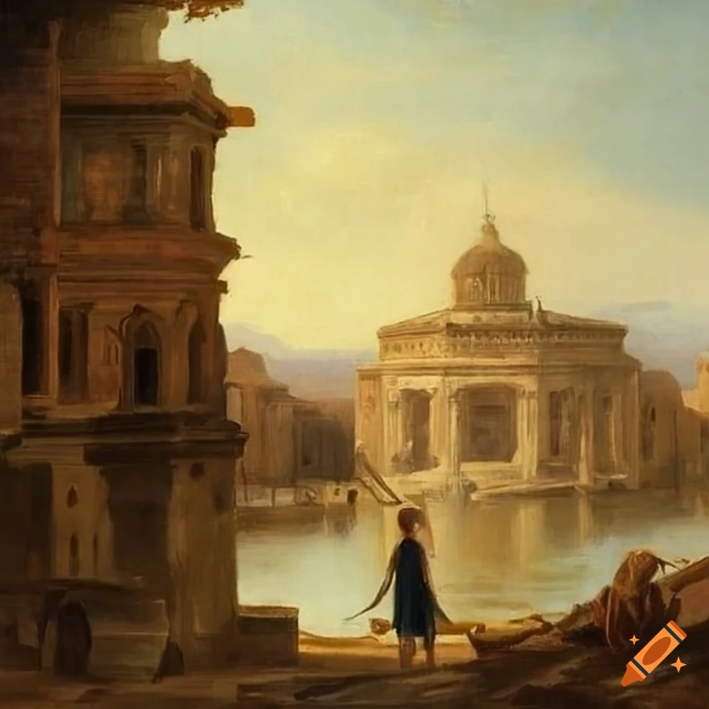 Blindfolded messenger girl walking along a harbor with Roman style buildings in a Thomas Cole painting
