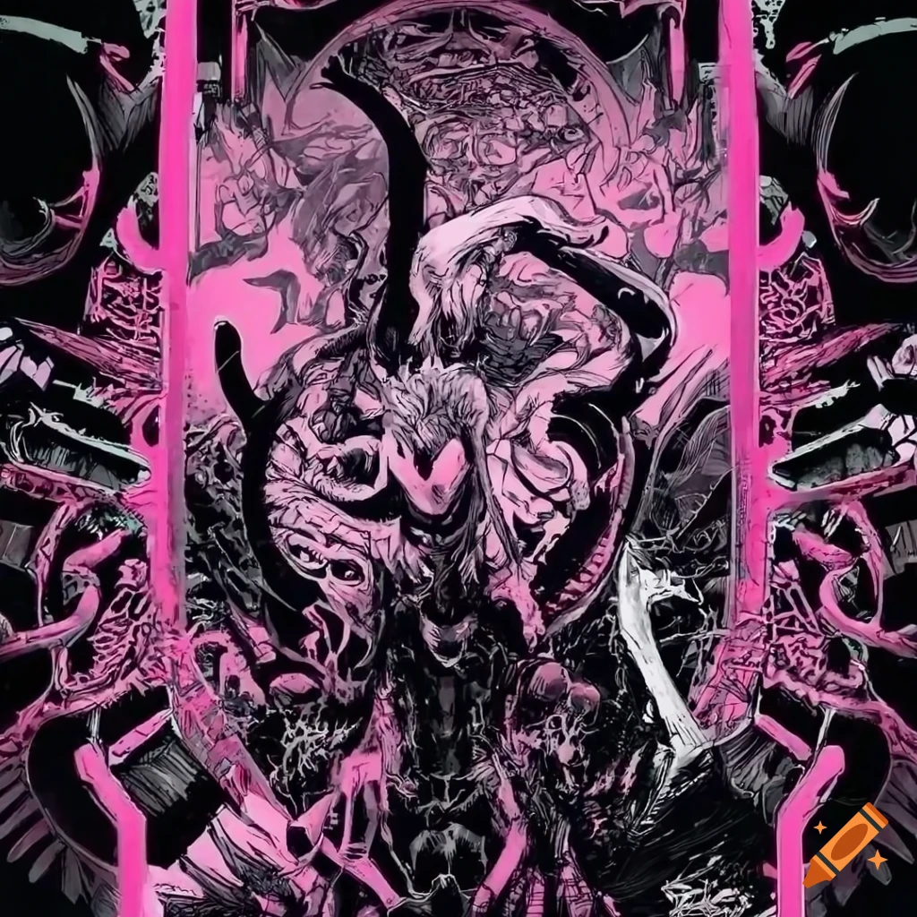 Neon pink and black and white demonic art with various references