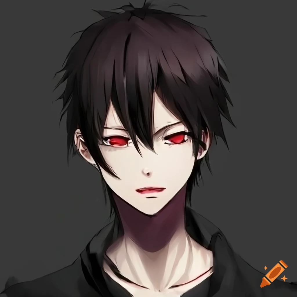 Anime guy with red eyes and black hair wearing a black cloak on Craiyon