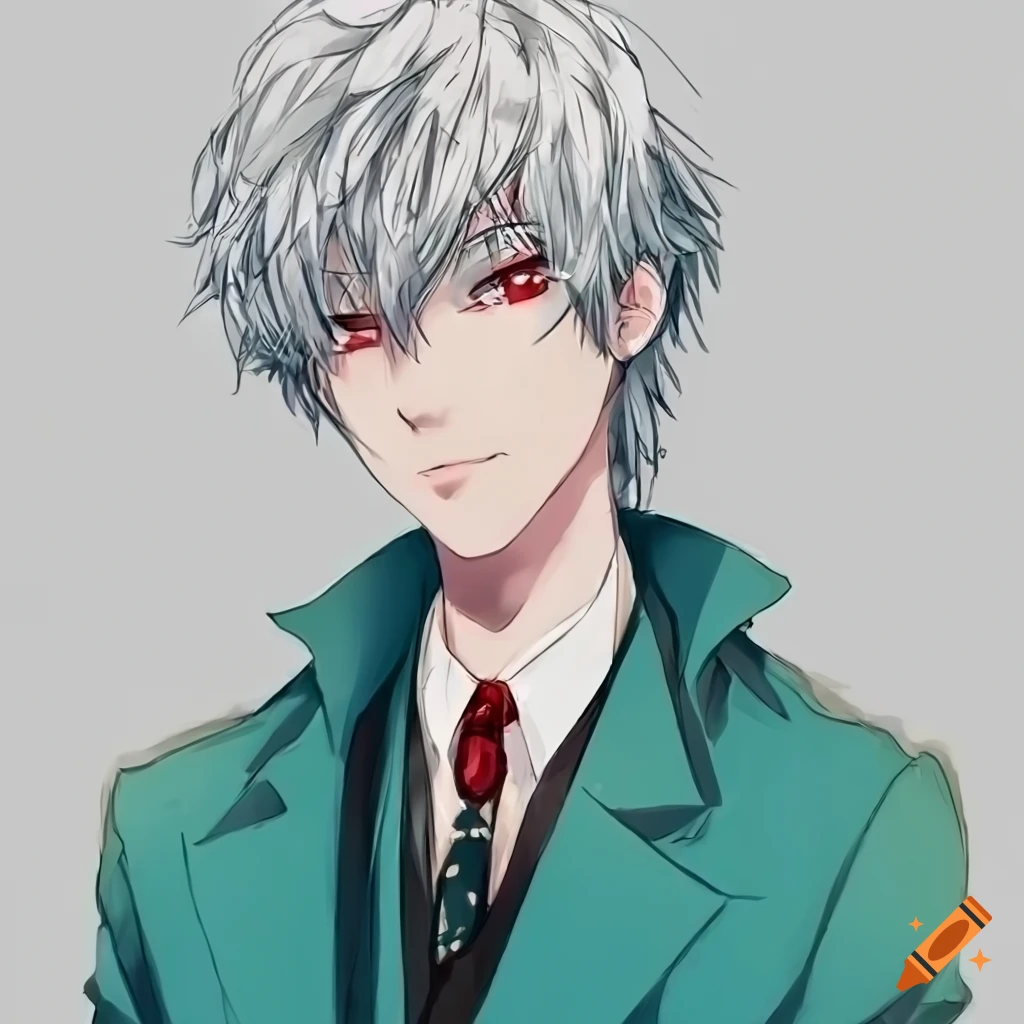 Anime man with white hair and red eyes in teal suit on Craiyon