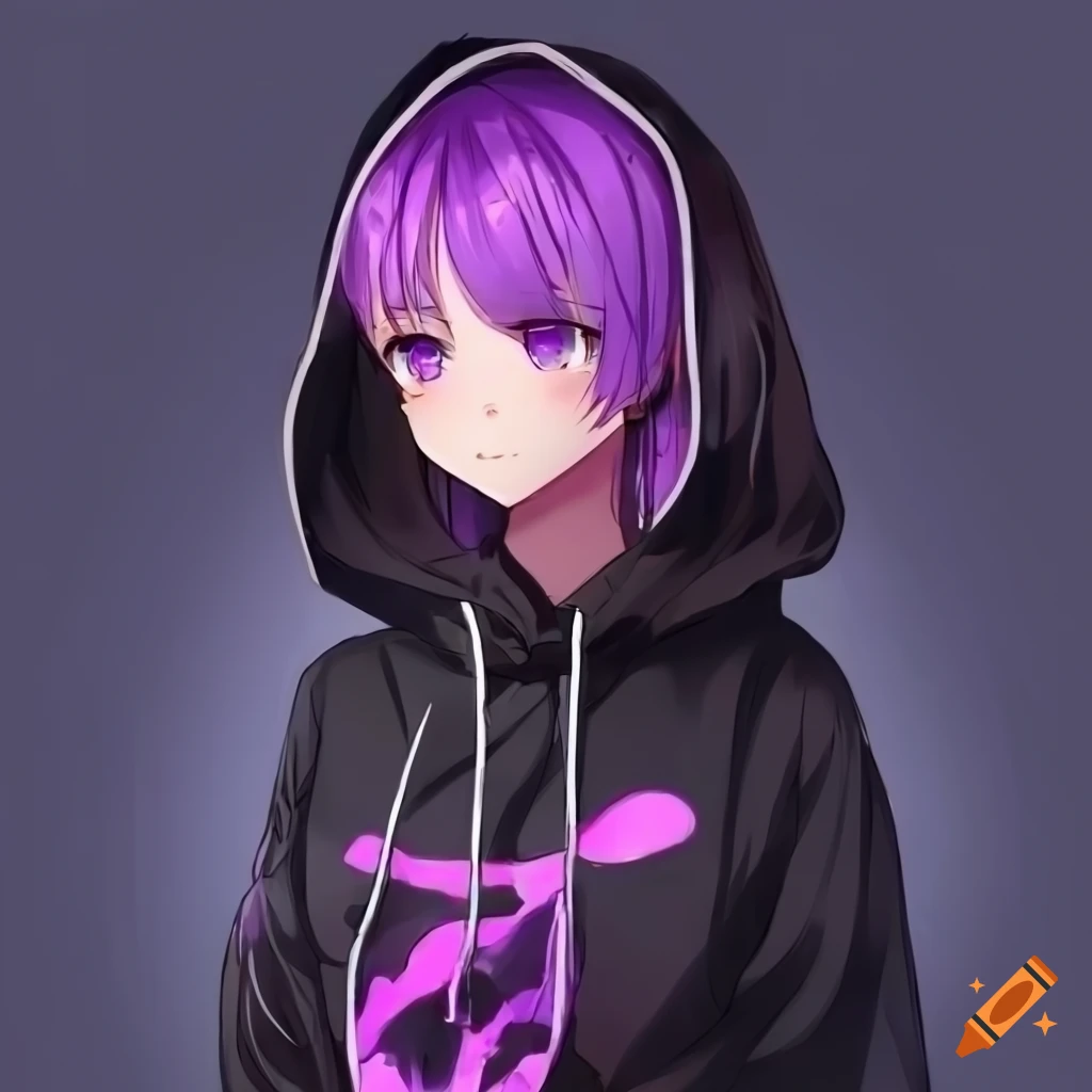 Futuristic anime girl in a black hoodie with long purple hair and eyes