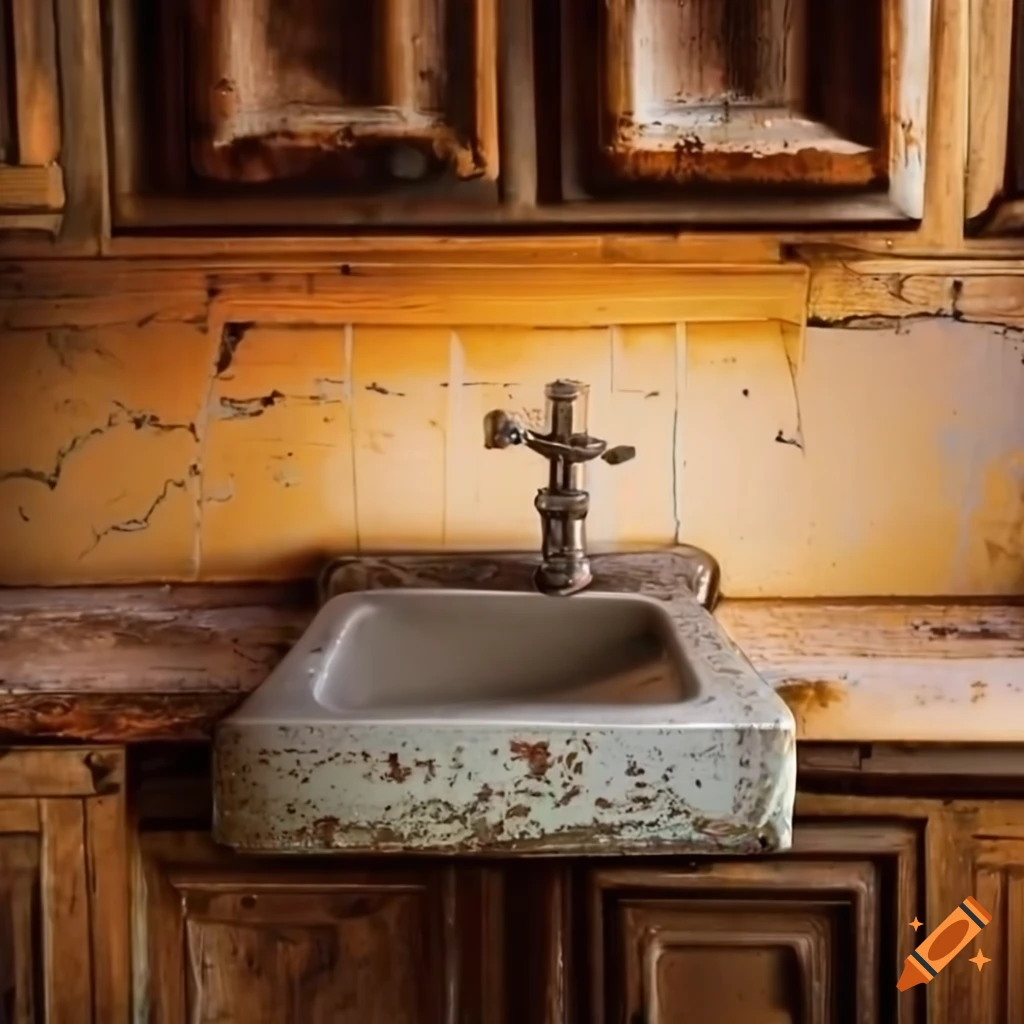 Dirty kitchen sink overflowing with black fluid, warped perspective on