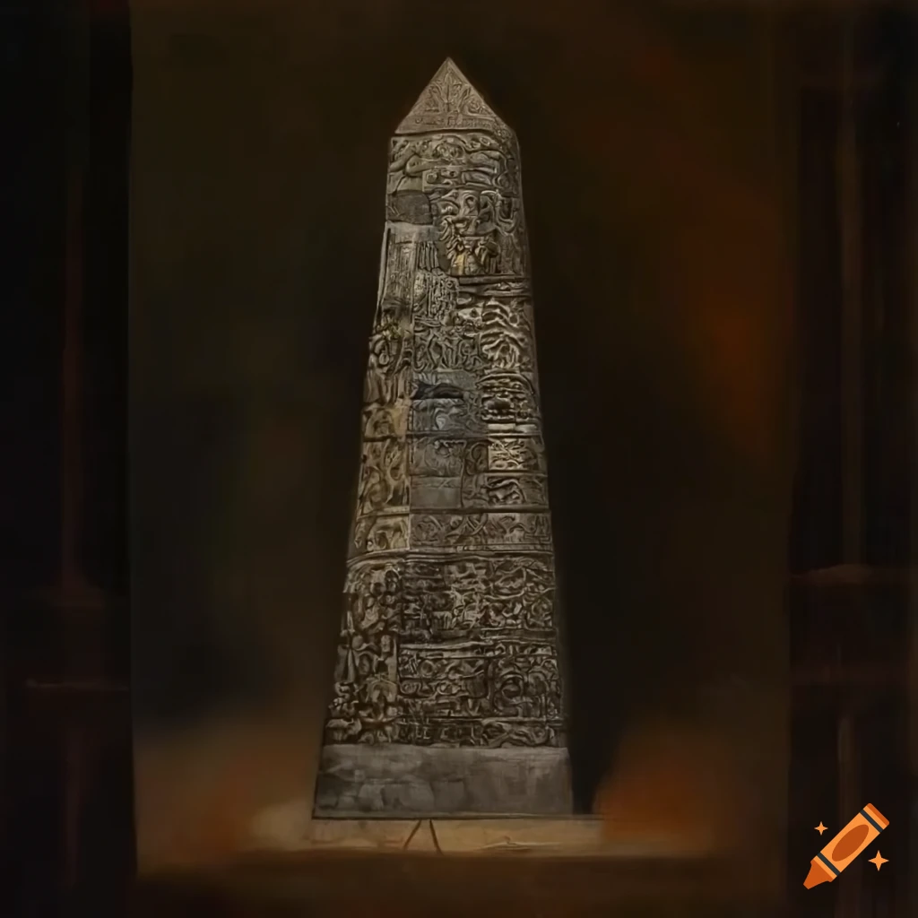 Medieval painting of a dark stone obelisk with aurora in the distance by Klimt