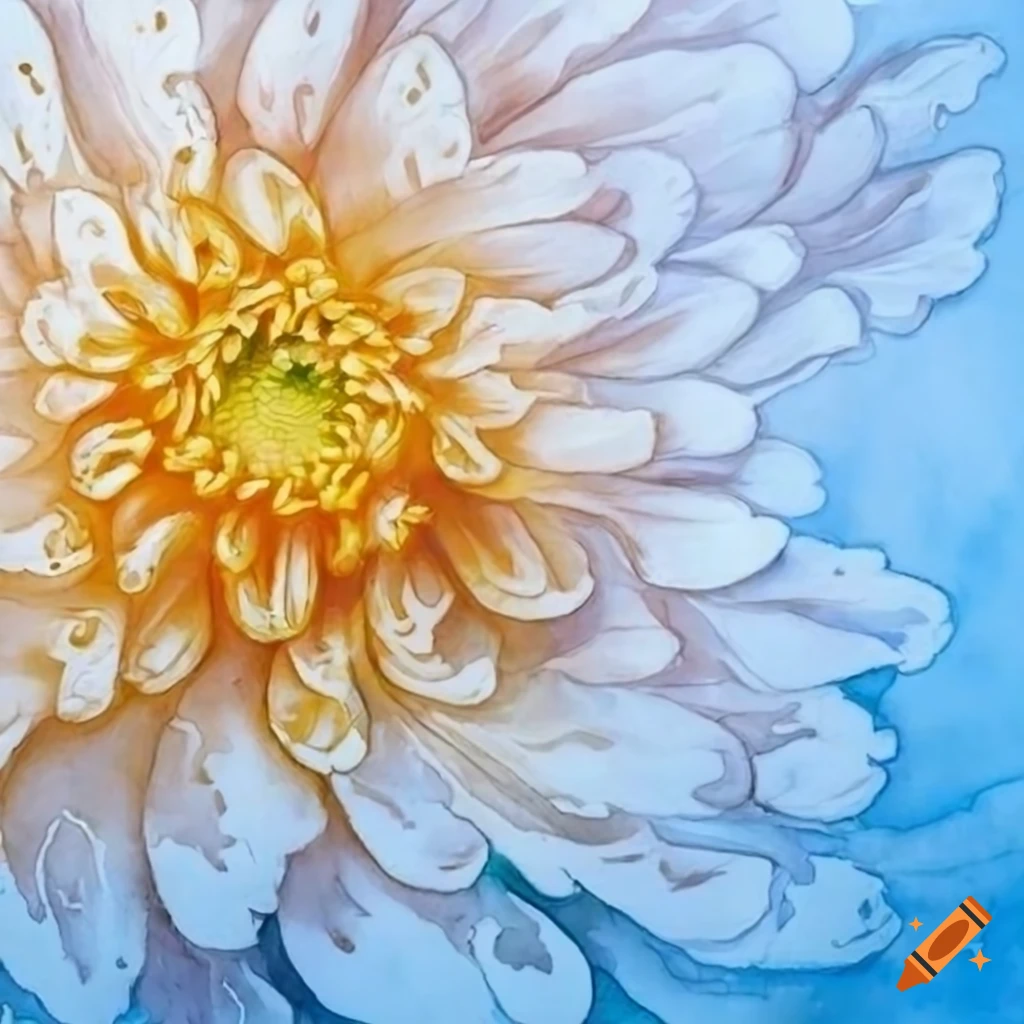 Photoreal watercolor painting of chrysanthemum on light blue background