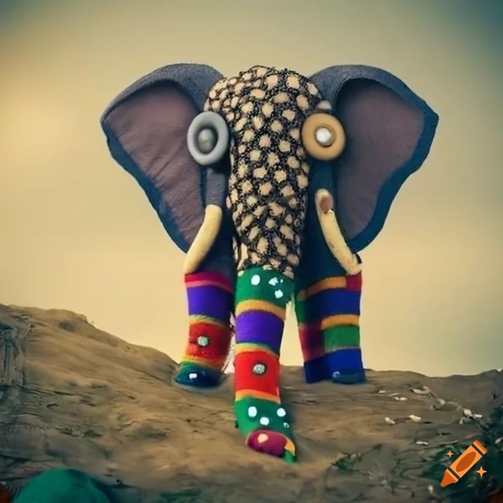 Surreal elephant sculptures on a hill made of socks and buttons on Craiyon