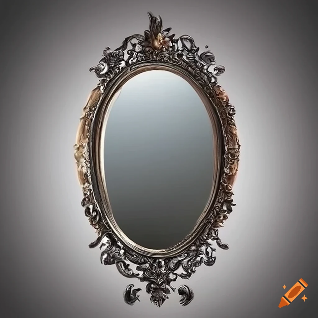 Vintage oval silver mirror with floral and dragon designs on Craiyon