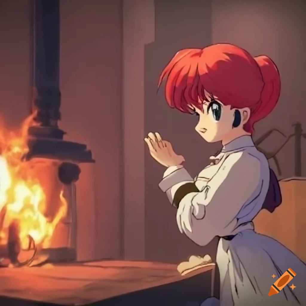 Ranma in Victorian attire by the hearth