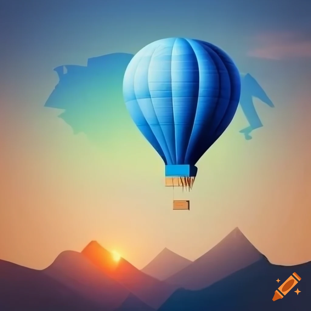 Geometric blue hot air balloon with a sunset over the mountains