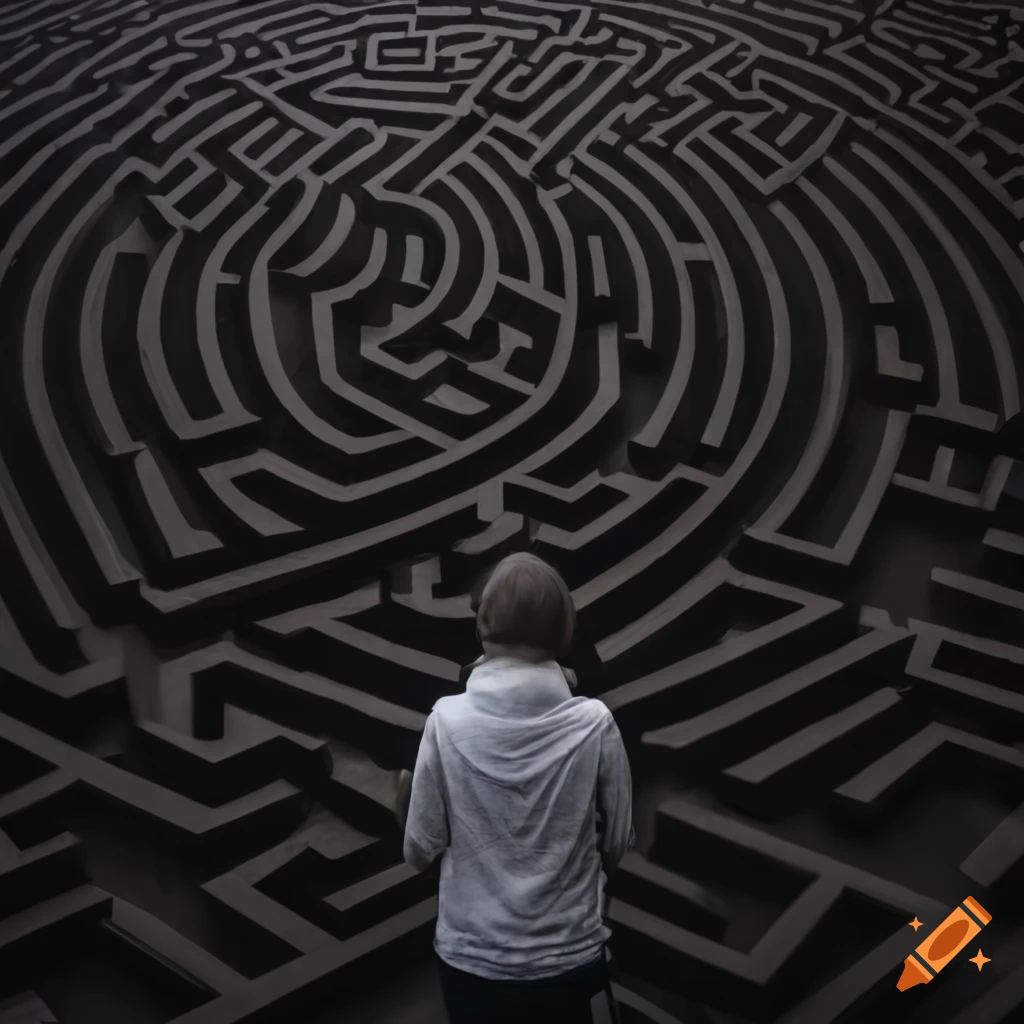 Person standing in front of an ominous maze