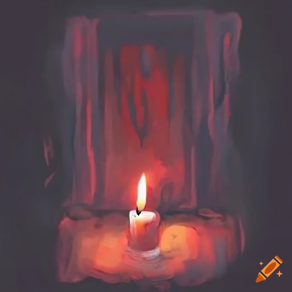 Dark and decrepit room with a single candle glowing red on Craiyon