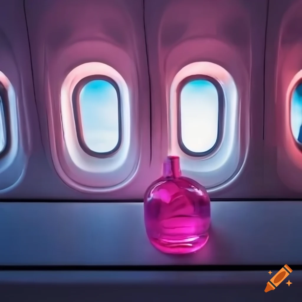 Pink liquid bottles on a white table inside an airplane cabin on Craiyon