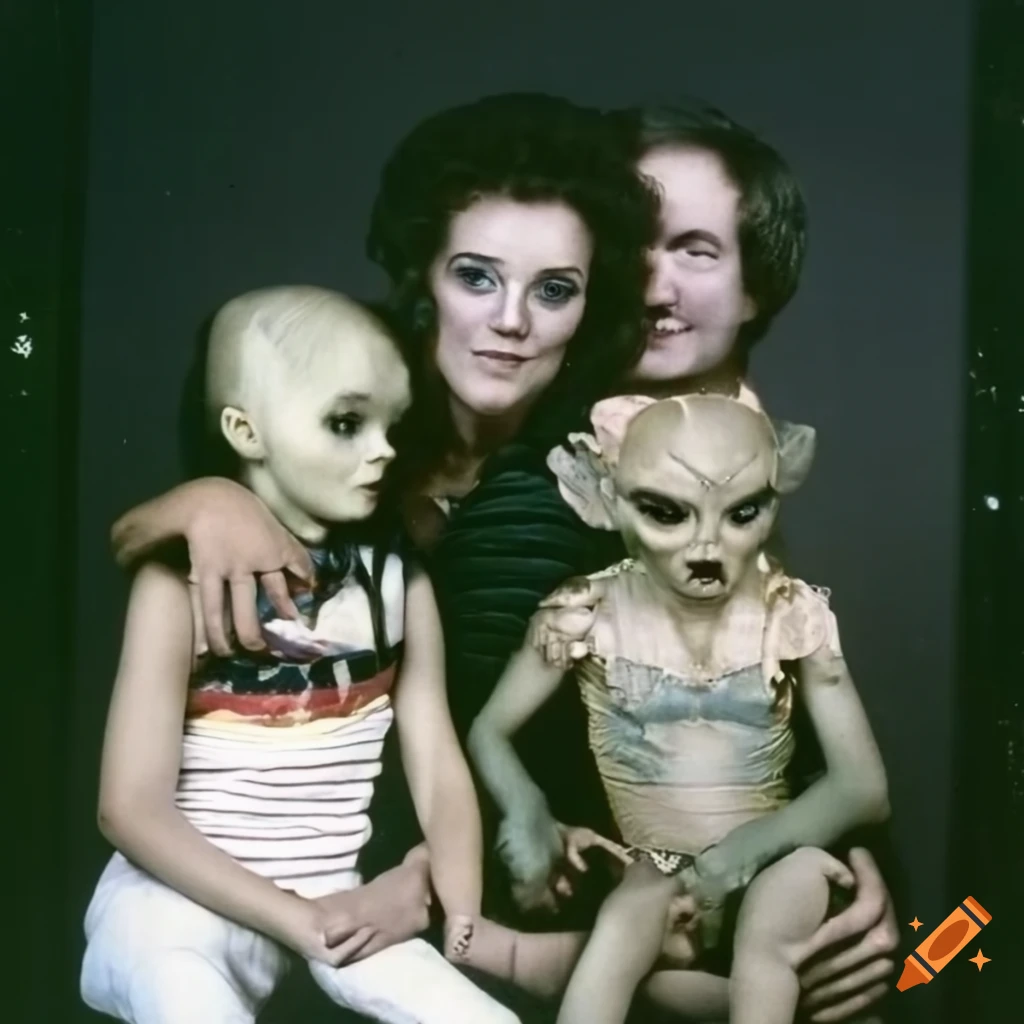 Vintage 1980s portrait of an alien family