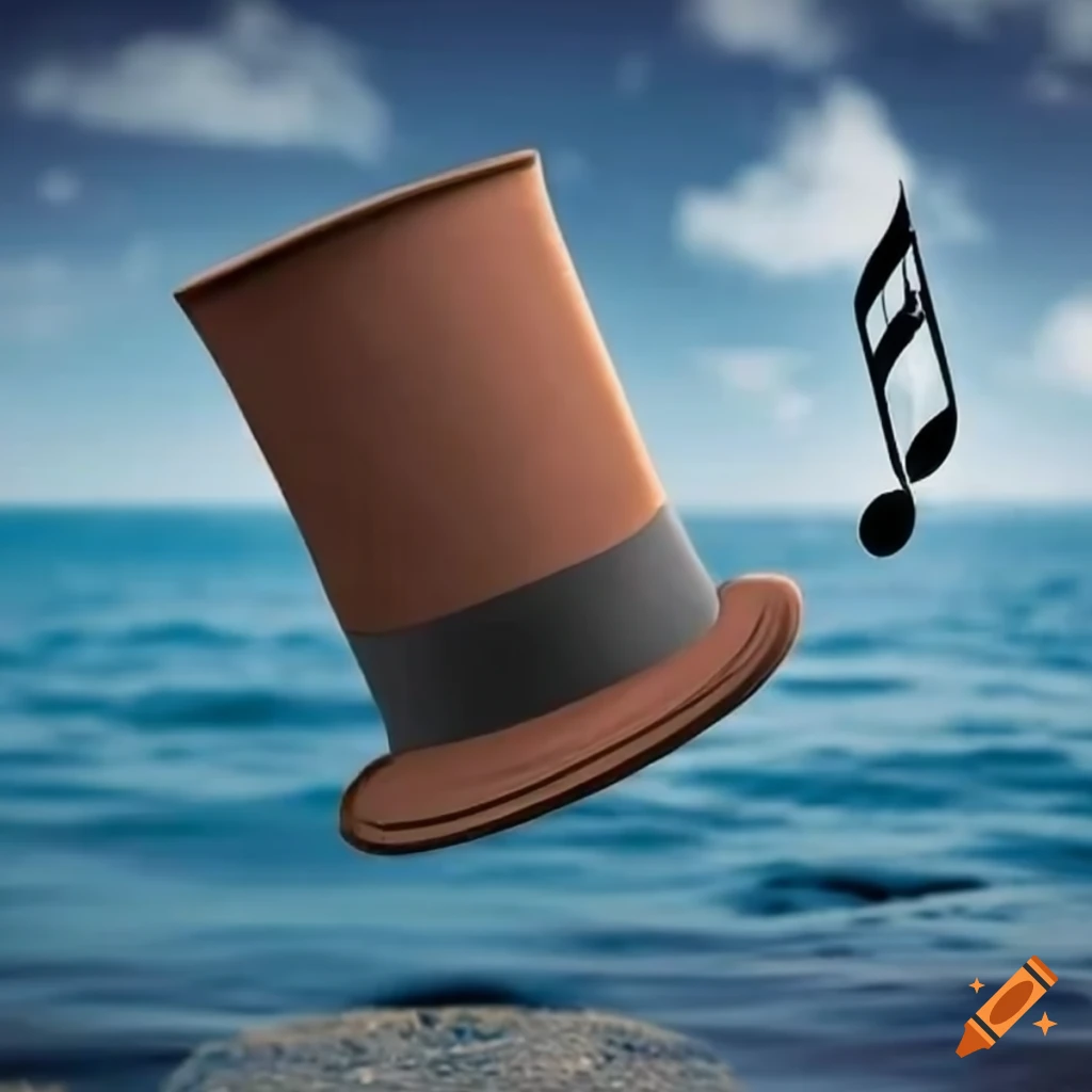 Brown top hat in the middle of the ocean with music notes in the sky on