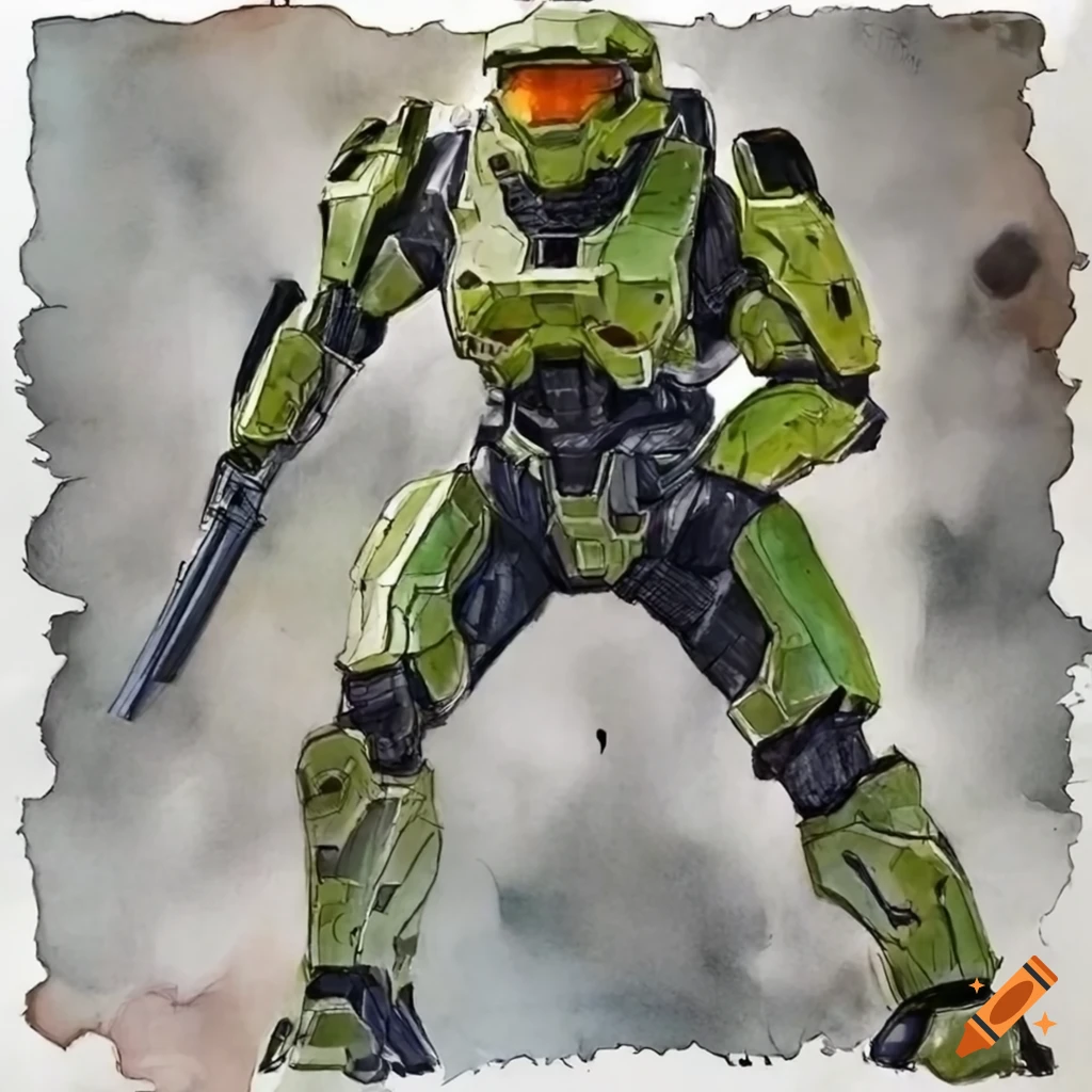 Sketch artwork of halo's master chief in full body on Craiyon