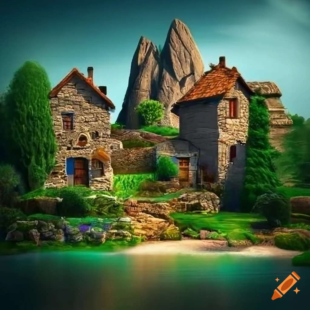 Small town of stone houses in a barren landscape transformed into fertile gardens
