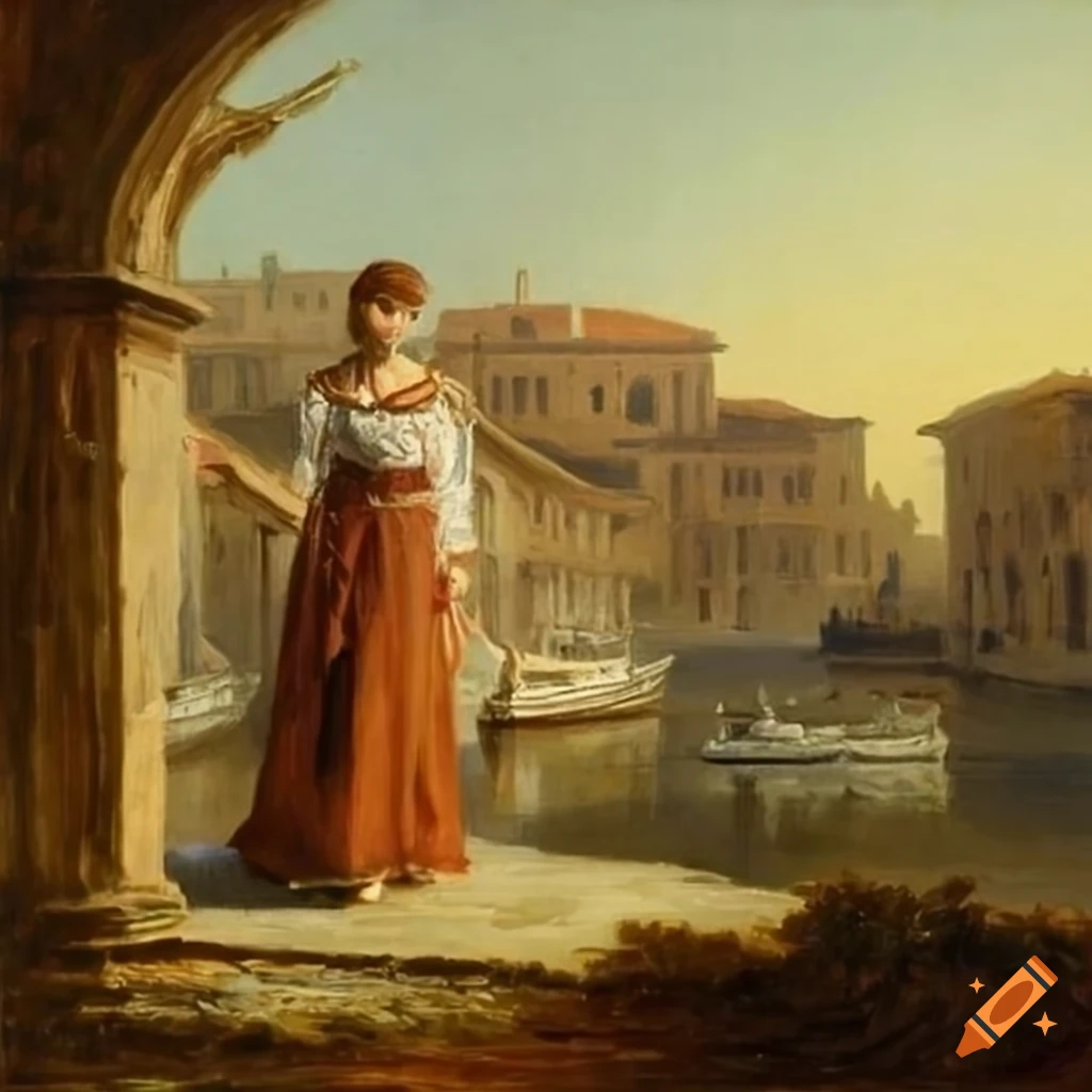 Thomas Cole painting of blindfolded messenger girl in a harbor with Roman style buildings