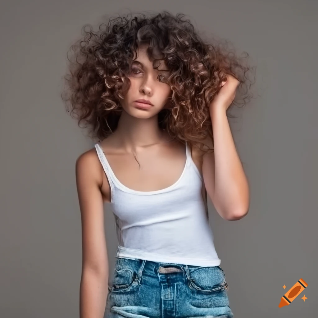 Girl with freckles in white tank top and blue jean shorts with short