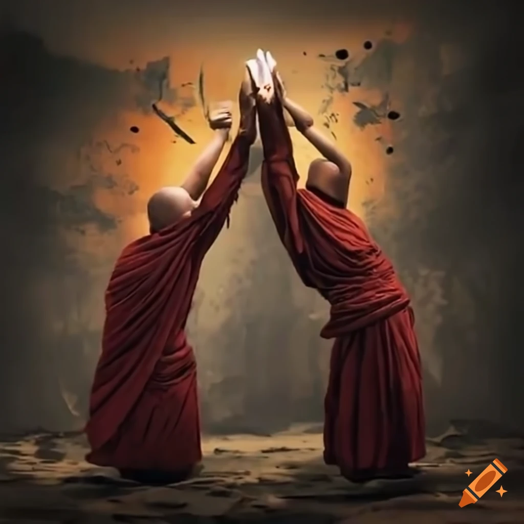 Buddhist monks playing rock paper scissors on a war torn battleground