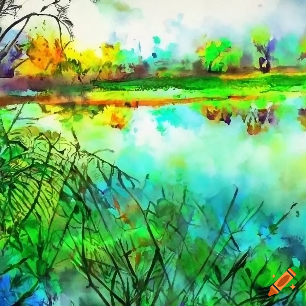 Watercolor painting of a bangladeshi pond in january on Craiyon