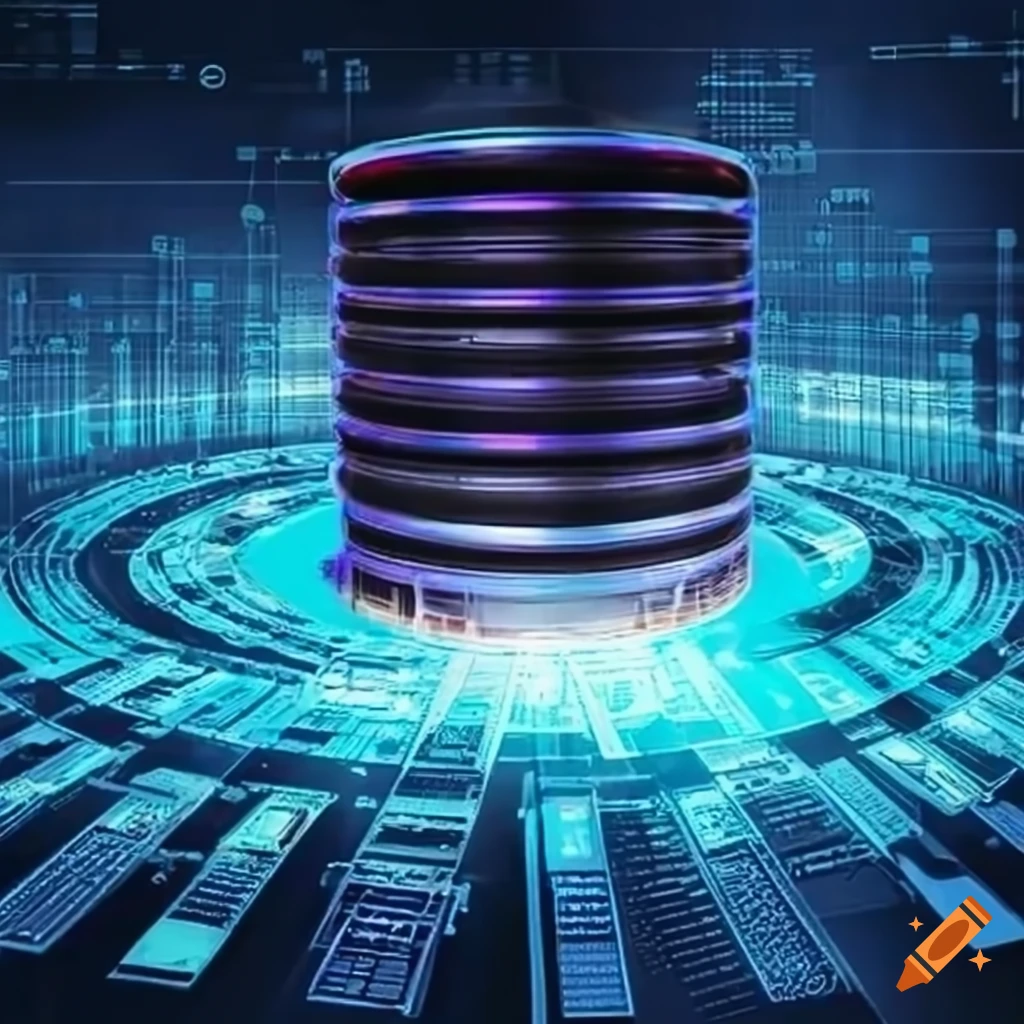 Database server surrounded by data graphs on Craiyon