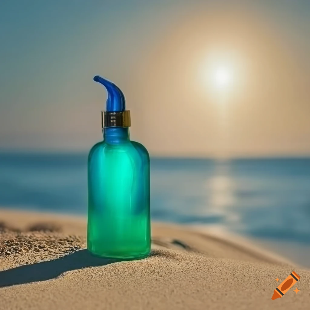 Blue and green natural skin care product bottle with sunset design in sand with sun behind