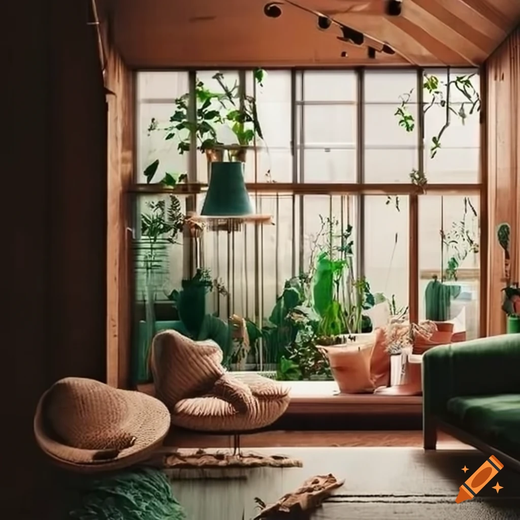 Cozy greenhouse living room with japandi interior design on Craiyon