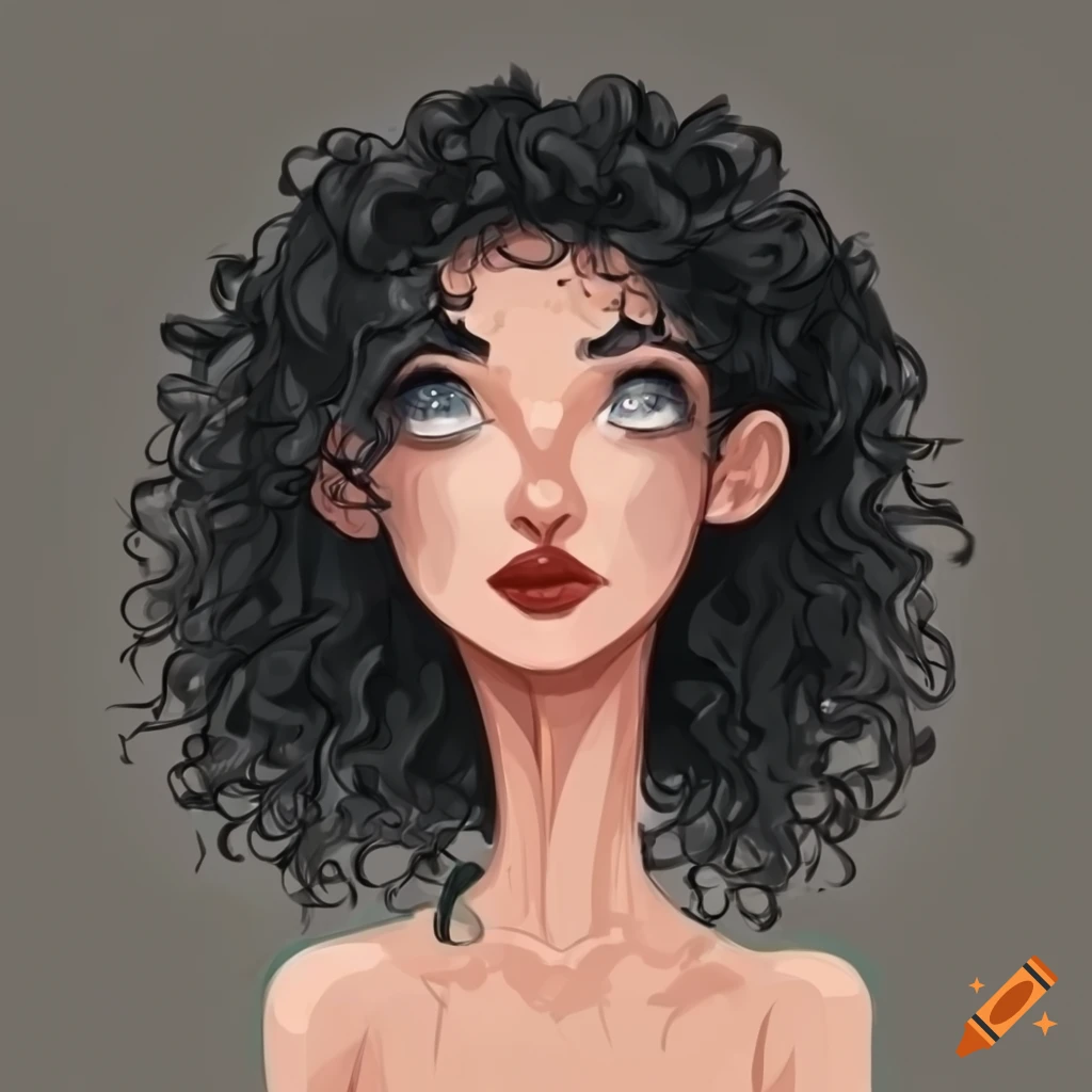 Melancholic cartoon woman with curly long hair wearing a black hat on ...