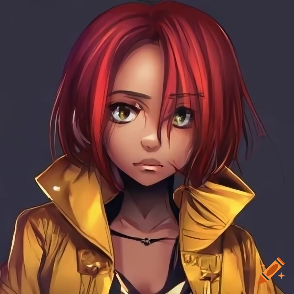 Anime girl with red and black hair in a golden jacket on Craiyon