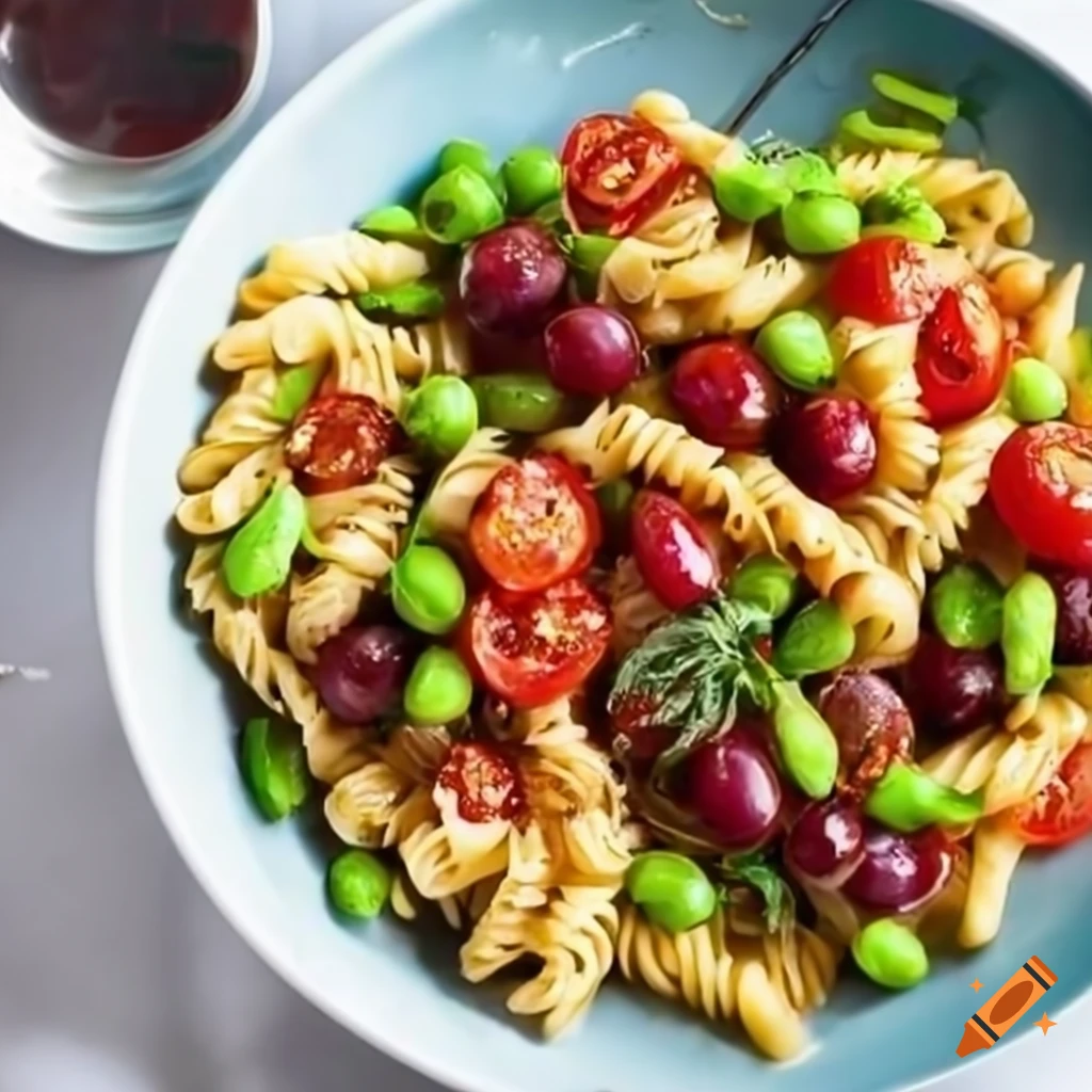 Roasted grape tomato and feta pasta with edamame on Craiyon
