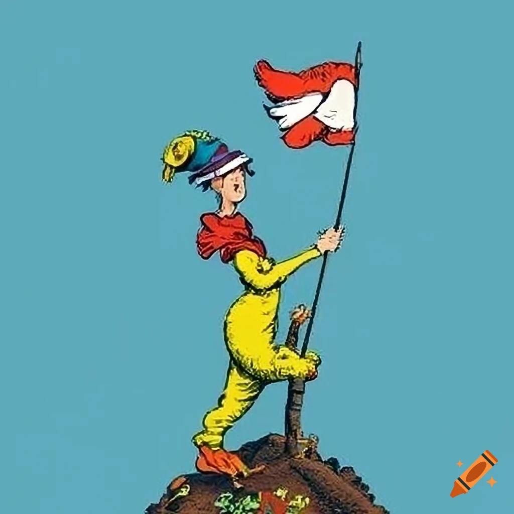 Colorful humorous illustration of a female mountaineer planting a flag at the mountain peak