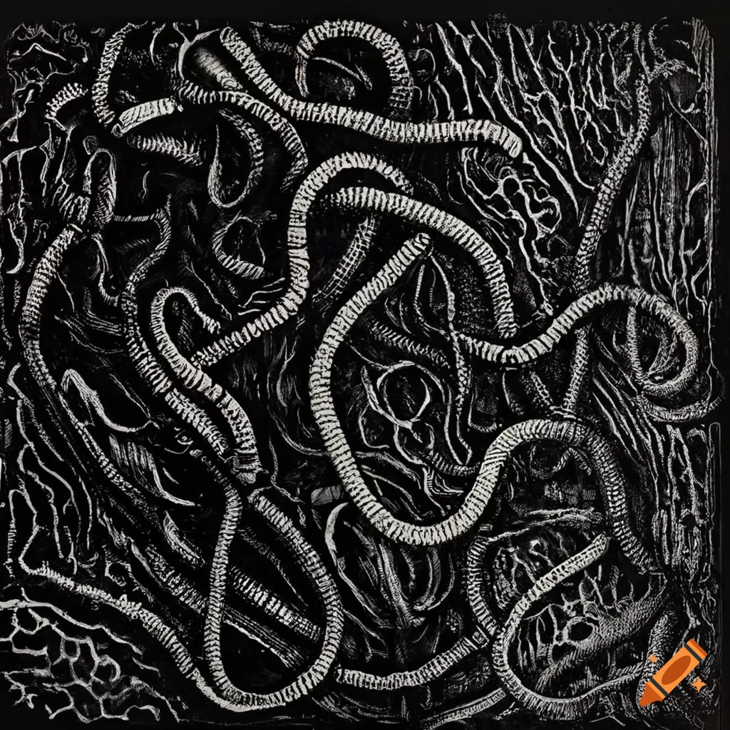 Highly detailed black and white album cover art of worms with screenprinting halftones on Craiyon