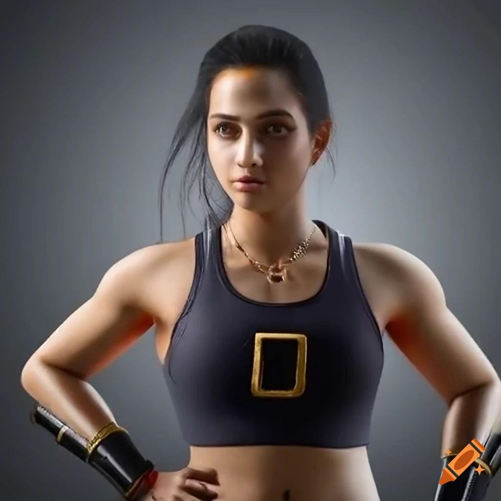 Female athletic Hindi superhero with armbands and bracelets in combat posture