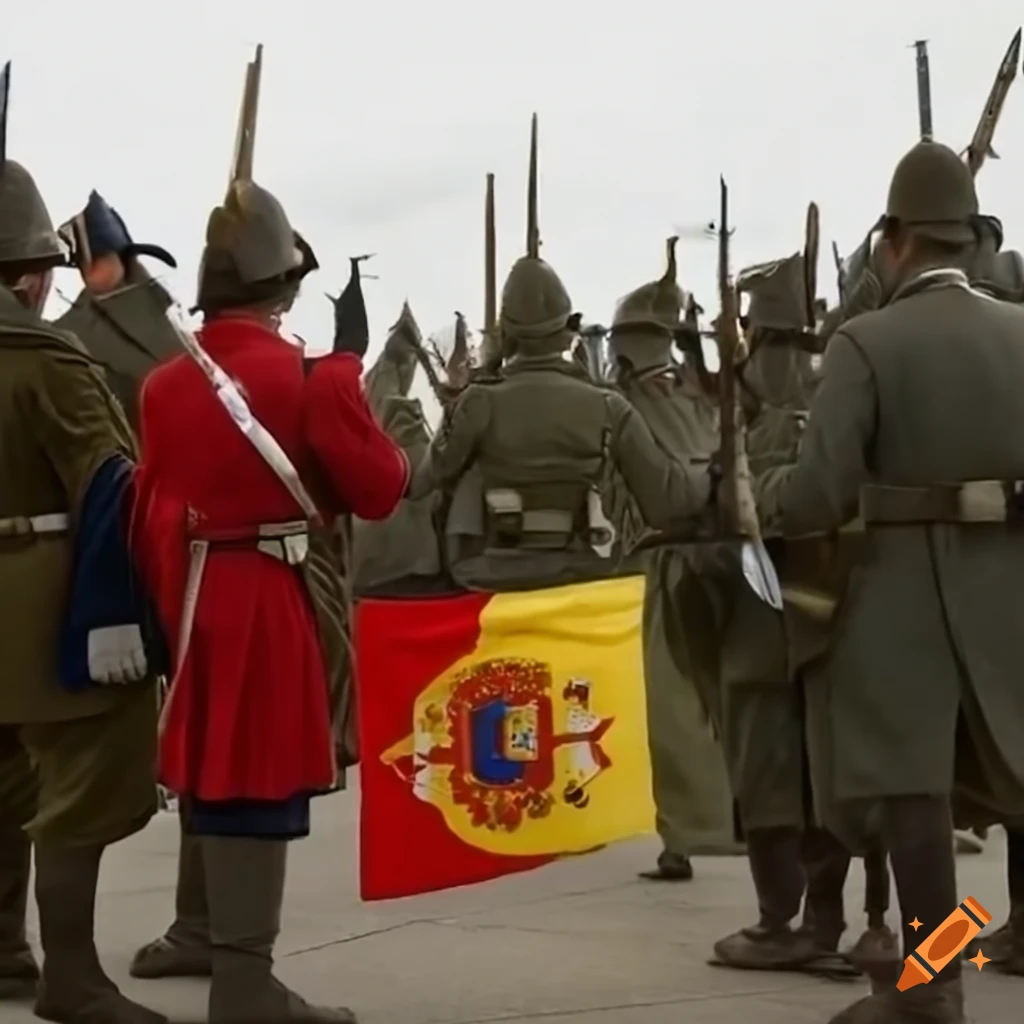 Solemn moment on the battlefield with english and spanish flags