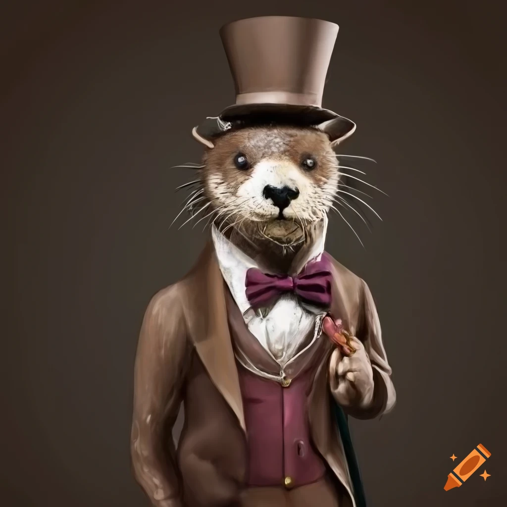 Funny portrait of a dandy otter with high hat, cane, and bow tie