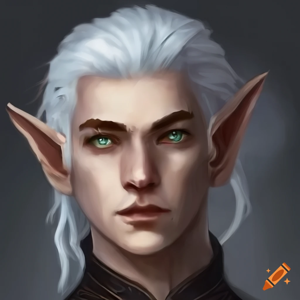 Portrait of a 32 year old half elf male with white hair and green eyes ...