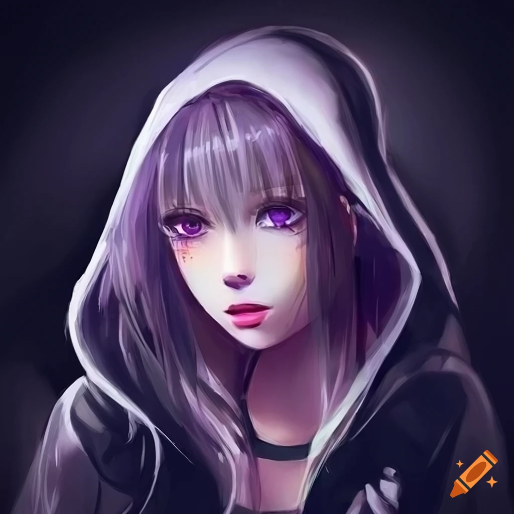 Portrait of a beautiful anime woman with a black hoodie on Craiyon