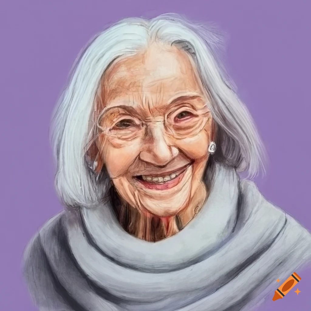 Highlydetailed colored pencil drawing of a smart elderly woman in a