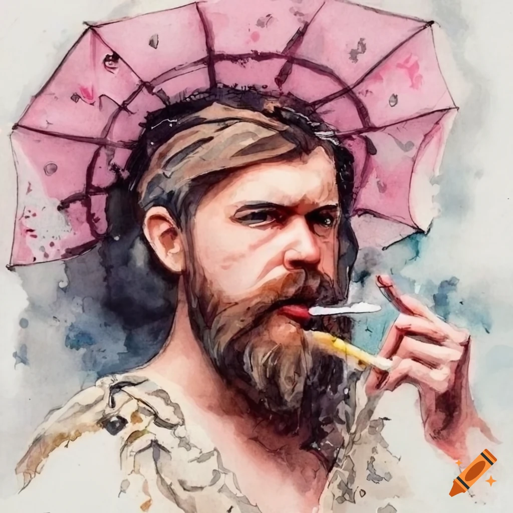 Bearded biker in tattered clothing with a cute pink parasol in a limited color watercolor painting