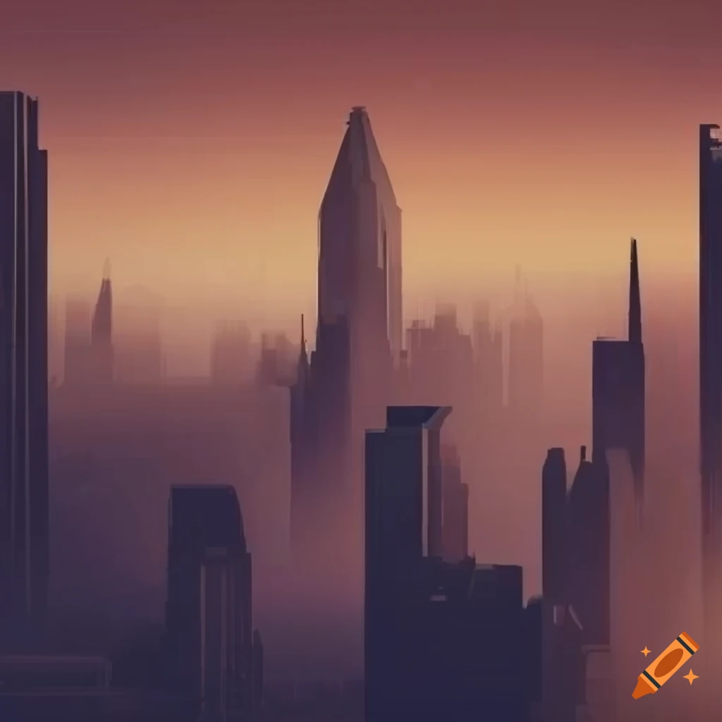Bleak dystopian retro-futuristic cityscape with smoggy brown skies