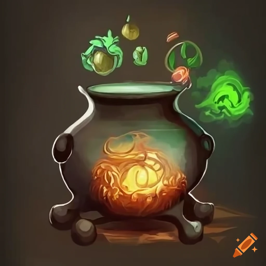 Wizard's cauldron, magic potion, and enchanted plant on Craiyon