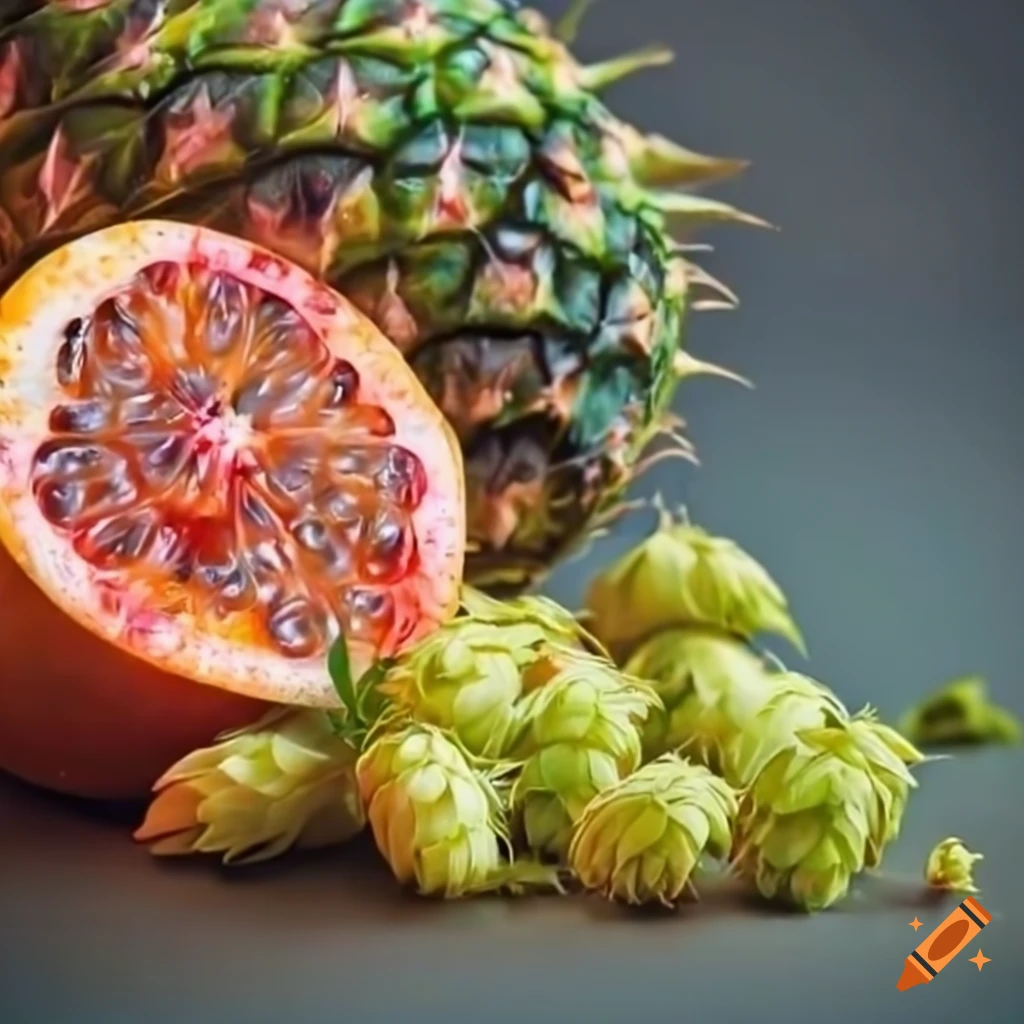 Hops with pineapple, passion fruit, peach, and grapefruit aromas on Craiyon